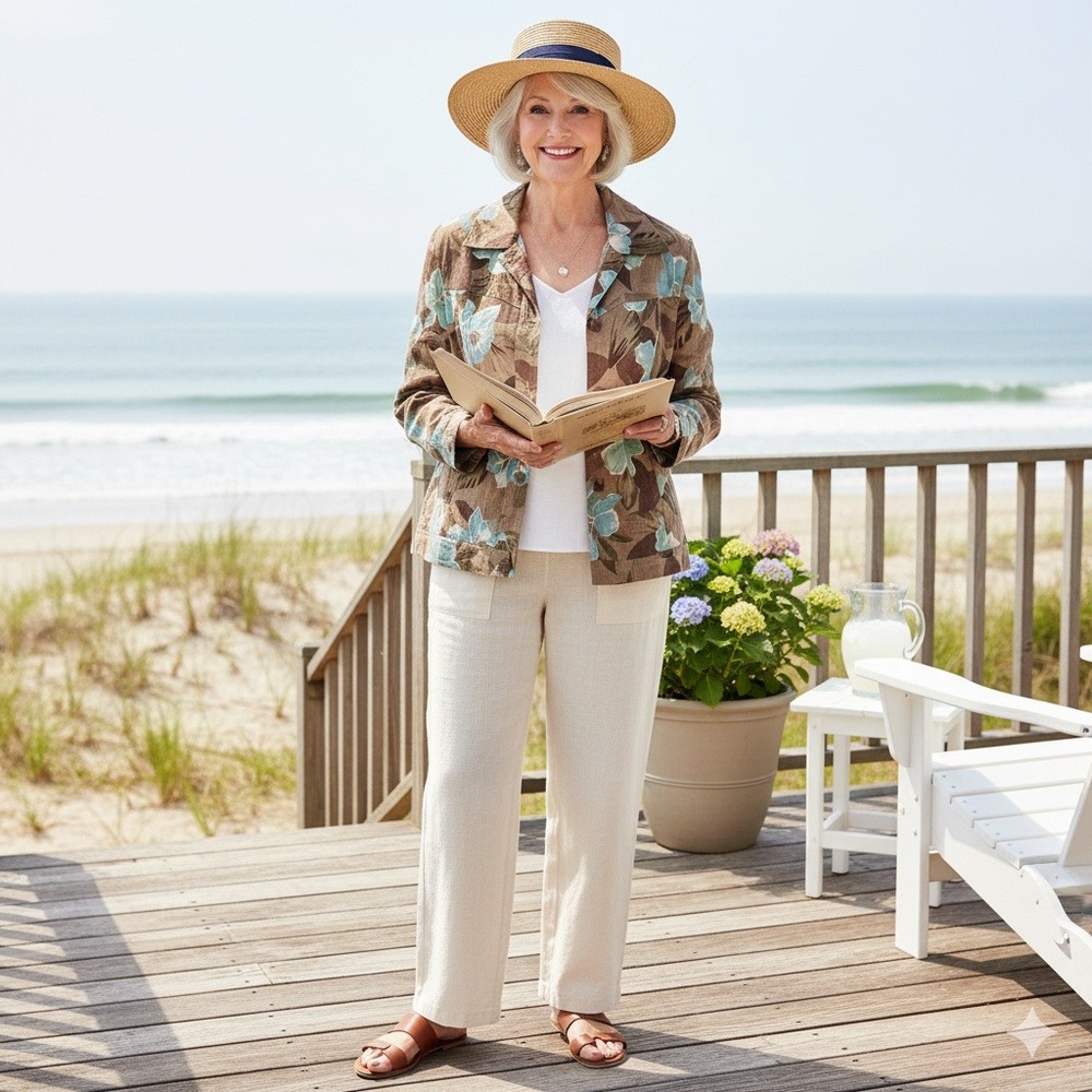 Coldwater Creek Jacket Womens M Floral Linen Blend‎ Buttons Coastal Grandma
